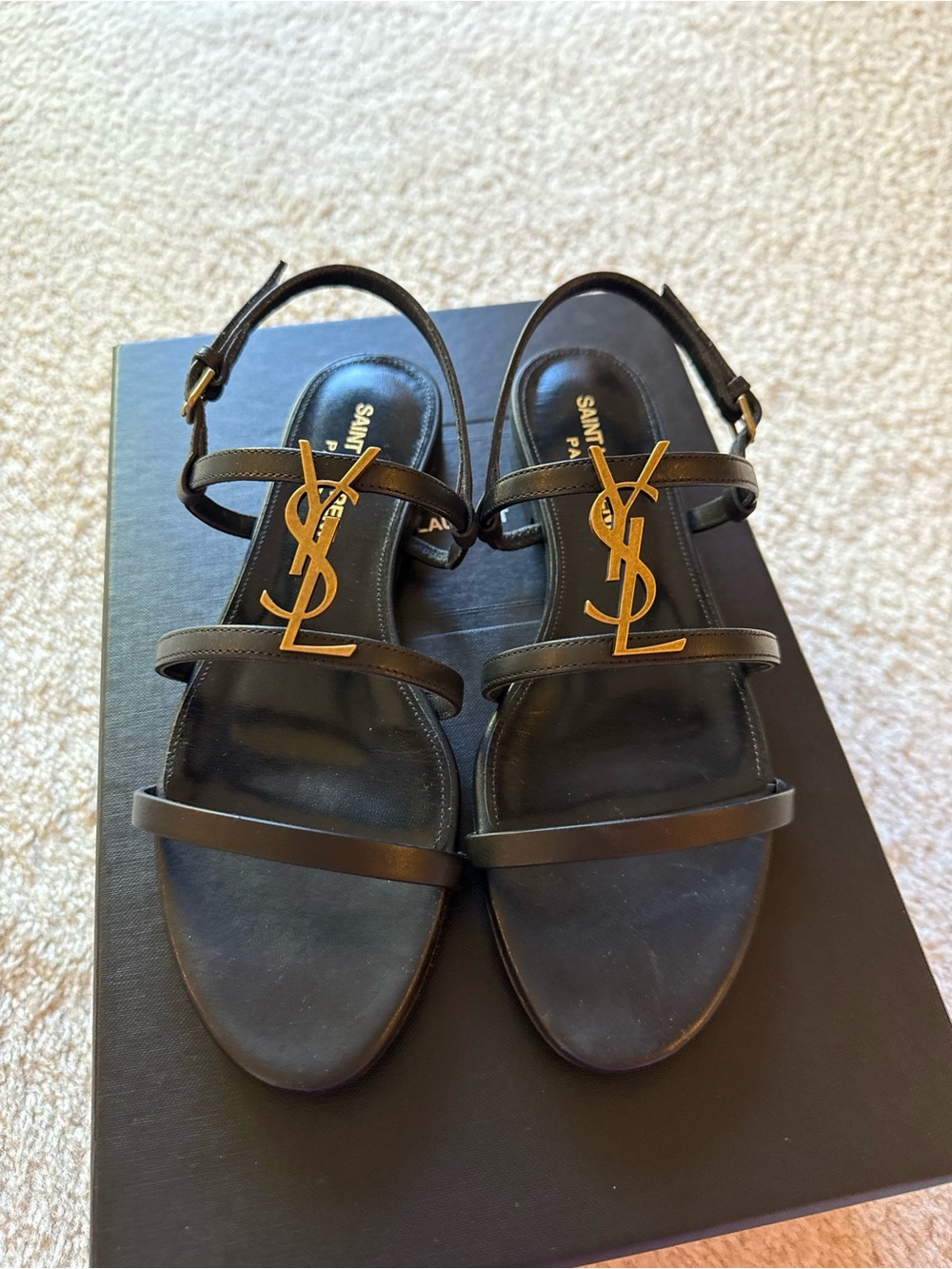 Saint Laurent Black Leather Sandals with Gold YSL Monogram - Size 35